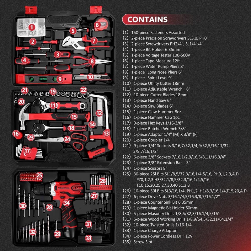 KingTool 276-Piece Tool Set Kit - Tool kit with 12V Cordless Power Drill Driver Toolbox Storage Case with Drawer, Drill Set Perfect for Homeowner, Diyer, Handyman - Image 2